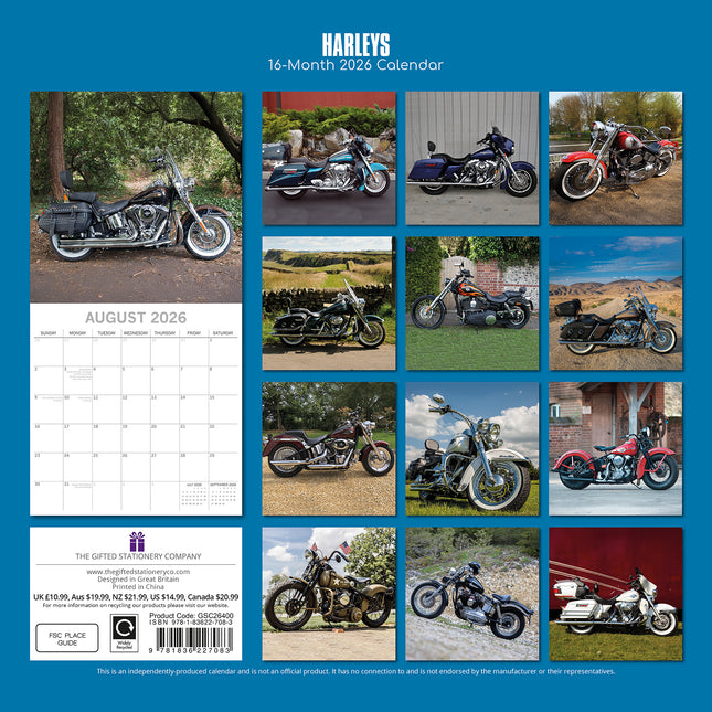 Harleys - 2026 Square Wall Calendar 16 Months Motorcycles Bikes Premium Planner