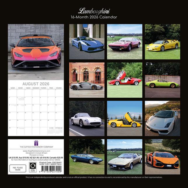 Lamborghini - 2026 Square Wall Calendar 16 Months New Year Premium Planner Gift