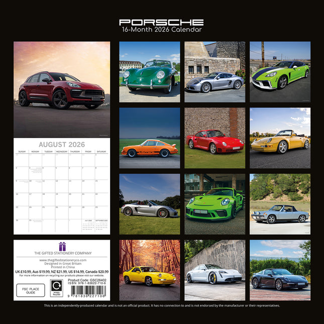 Porsche - 2026 Square Wall Calendar 16 Months Premium Car Vehicle Planner Gift