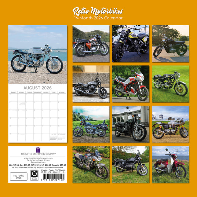 Retro Motorbikes - 2026 Square Wall Calendar 16 Months New Year Premium Planner