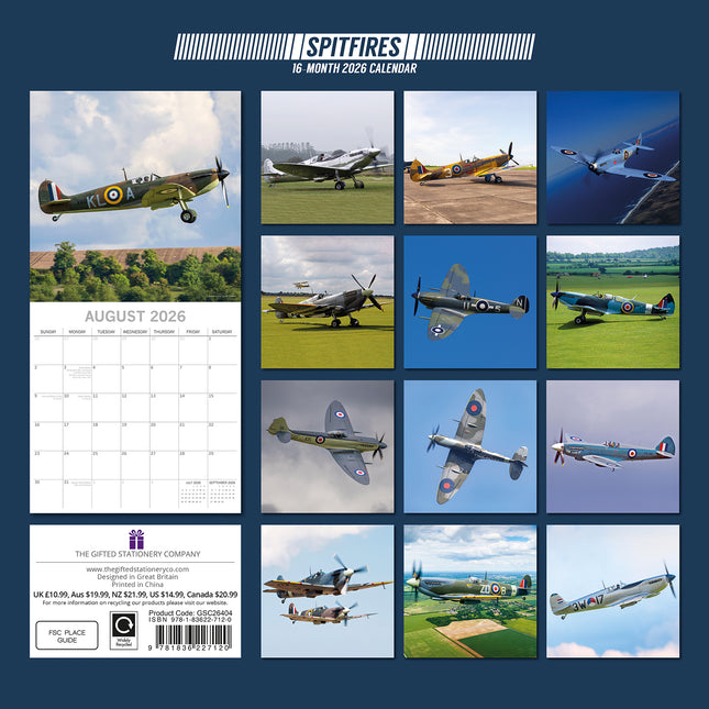 Spitfires - 2026 Square Wall Calendar 16 Months New Year Premium Planner Gift