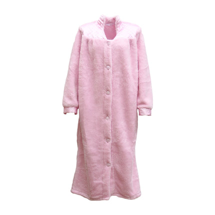 Women's Ladies Supersoft Button Up Dressing Gown Bath Robe w Quilted Panel Warm - Light Pink