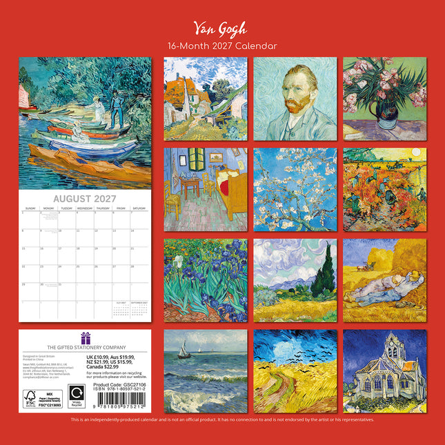Van Gogh 2027 Premium Square Wall Calendar back cover