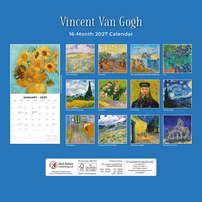 Vincent Van Gogh 2027 square wall calendar - back cover
