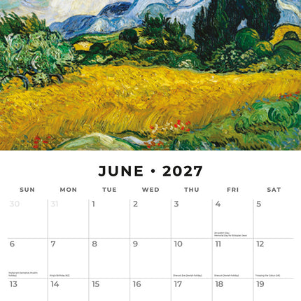 Vincent Van Gogh 2027 square wall calendar - monthly calendar spread