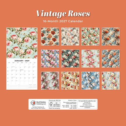 Vintage Roses 2027 square wall calendar - back cover