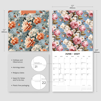 Vintage Roses 2027 square wall calendar - product specifications