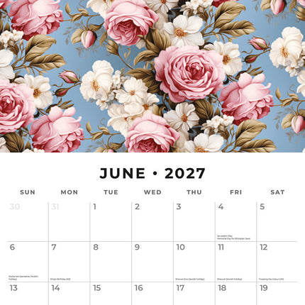Vintage Roses 2027 square wall calendar - monthly calendar spread