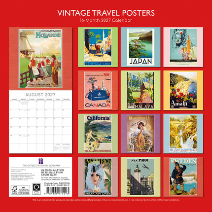 Vintage Travel Posters 2027 Premium Square Wall Calendar back cover