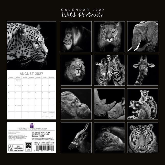 Wild Portraits 2027 Premium Square Wall Calendar back cover