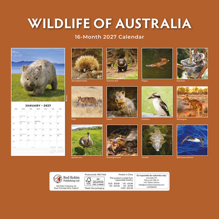 Wildlife of Australia 2027 square wall calendar - back cover