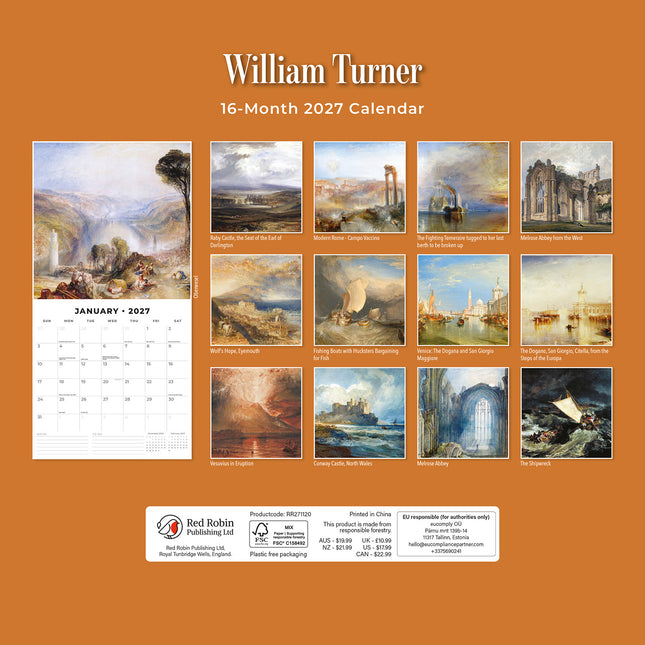 William Turner 2027 square wall calendar - back cover