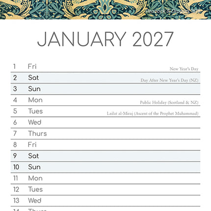 William Morris 2027 Premium Slim Wall Calendar January sample page