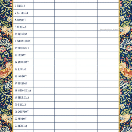 William Morris Organiser 2027 Premium Square Wall Calendar August sample page