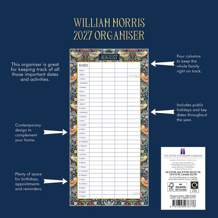 William Morris Organiser 2027 Premium Square Wall Calendar back cover