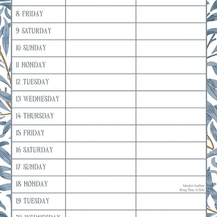 William Morris Organiser 2027 Premium Slim Wall Calendar January sample page