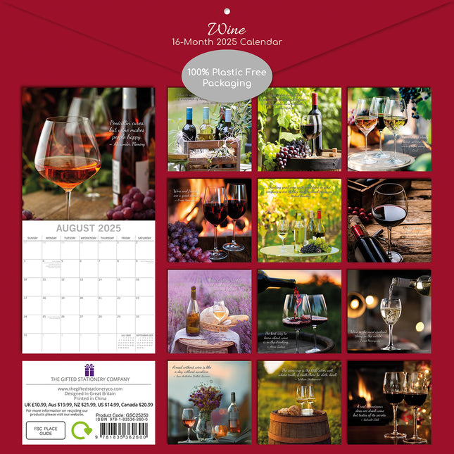 Wine 2025 Square Wall Calendar Food 16 Month Premium Planner Xmas New Year Gift