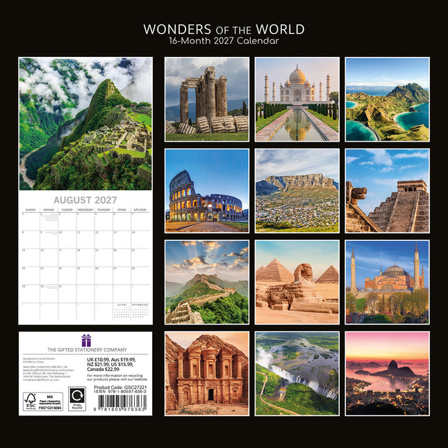 Wonders of the World 2027 Premium Square Wall Calendar back cover