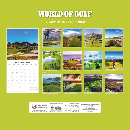World of Golf 2027 square wall calendar - back cover