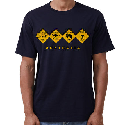 Adult Unisex 100% Cotton T Shirt Australia Wildlife Road Sign Souvenir Tee Tops - Navy