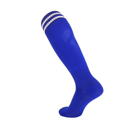 Blue Sports Knee High Socks with White Stripes - Mens Womens Breathable Athletic Socks for Football, Running, Gym