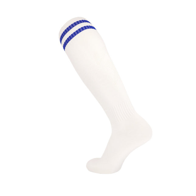 White Knee High Socks with Blue Stripes - Athletic Sports Socks for Men, Women & Youth