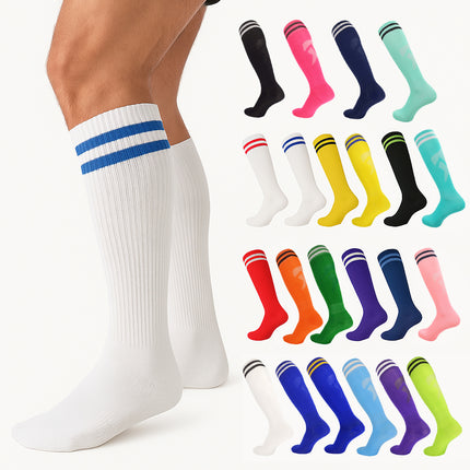 Blue Sports Knee High Socks with White Stripes - Mens Womens Breathable Athletic Socks for Football, Running, Gym