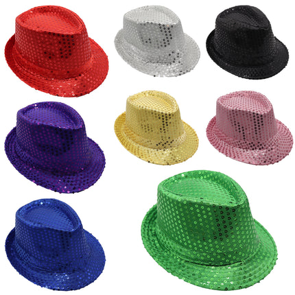 Adults Kids Unisex Sequin Fedora Hat Dance Cap Solid Jazz Party Glitter Costume