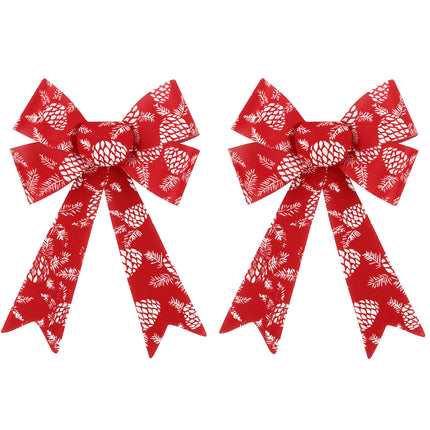 2-6x Christmas Red Bow w Glitter Pine Cone Prints Knot Door Wreath Xmas D???cor