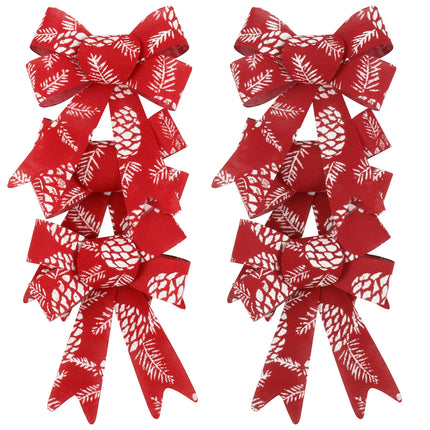 2-6x Christmas Red Bow w Glitter Pine Cone Prints Knot Door Wreath Xmas D???cor