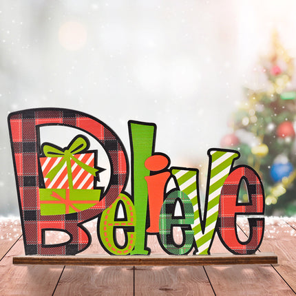 Christmas Wooden Stand Sign Plaque Plaid Santa Gift Home Ornament Xmas D???cor