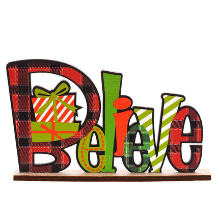Christmas Wooden Stand Sign Plaque Plaid Santa Gift Home Ornament Xmas D???cor
