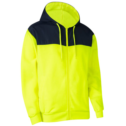 HI VIS Hooded Safety Jacket Hoodie Full Zip Tradie Workwear Fleece Lined Jumper - Fluro Yellow / Navy