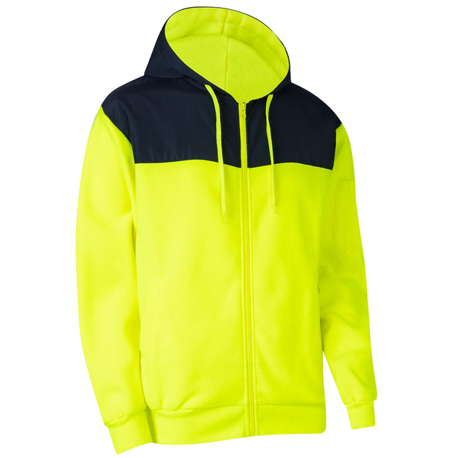 HI VIS Hooded Safety Jacket Hoodie Full Zip Tradie Workwear Fleece Lined Jumper - Fluro Yellow / Navy