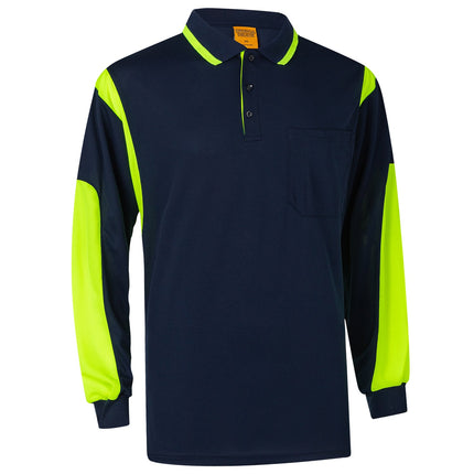 HI VIS Long Sleeve Workwear Polo Shirt Cool Dry Reflective Safety w Chest Pocket - Navy / Yellow