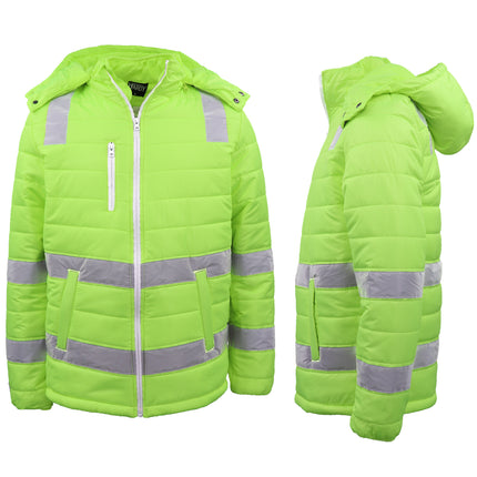 HI VIS Puffer Safety Jacket Reflective Tape Removable Hood Zip Pocket Puffy Coat - Fluro Yellow