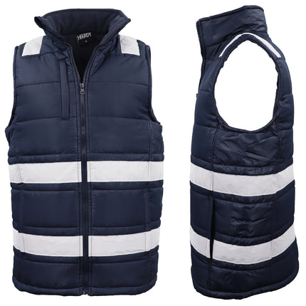 Hi Vis Puffer Workwear Vest Zip Up w Reflective Tape Quilted Puffy Tradie Jacket - Navy