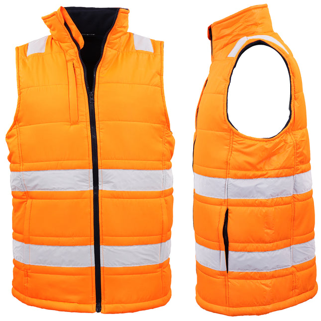 Hi Vis Puffer Workwear Vest Zip Up w Reflective Tape Quilted Puffy Tradie Jacket - Fluro Orange