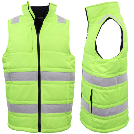 Hi Vis Puffer Workwear Vest Zip Up w Reflective Tape Quilted Puffy Tradie Jacket - Fluro Yellow