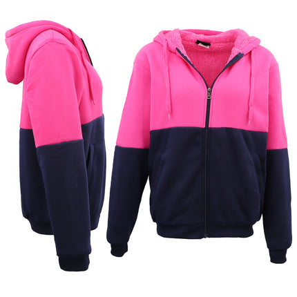 HI VIS Safety Full Zip Thick Sherpa Fleece Hoodie Workwear Jacket Jumper Winter - Fluro Pink / Navy