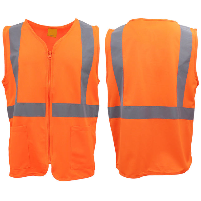 HI VIS Safety Zip Up Vest Workwear Reflective Tape Pocket Day Night Visibility - Orange