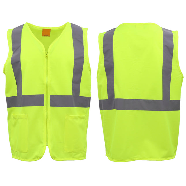 HI VIS Safety Zip Up Vest Workwear Reflective Tape Pocket Day Night Visibility - Yellow