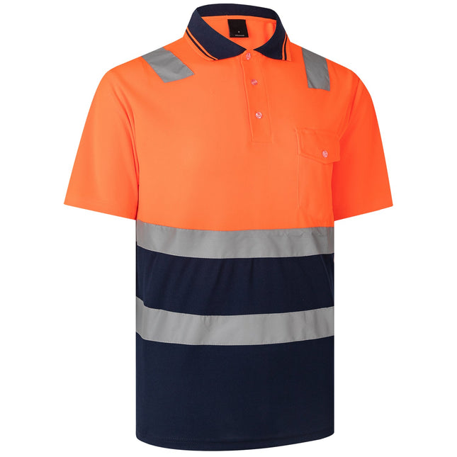 HI VIS Short Sleeve Workwear Shirt w Reflective Tape Cool Dry Safety Polo 2 Tone - Fluoro Orange / Navy