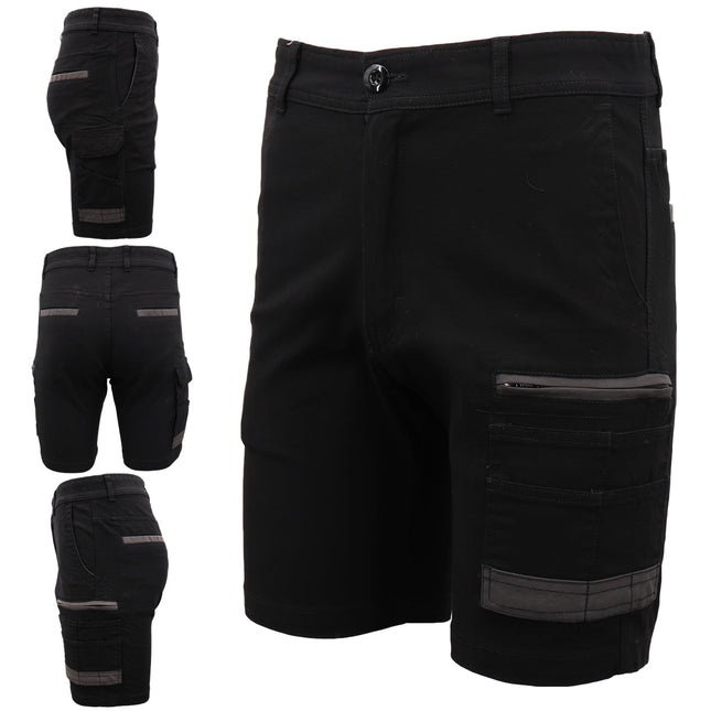 Mens Cargo Cotton Drill Work Shorts UPF 50+ 13 Pockets Tradies Workwear Trousers - Black