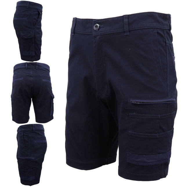 Mens Cargo Cotton Drill Work Shorts UPF 50+ 13 Pockets Tradies Workwear Trousers - Navy