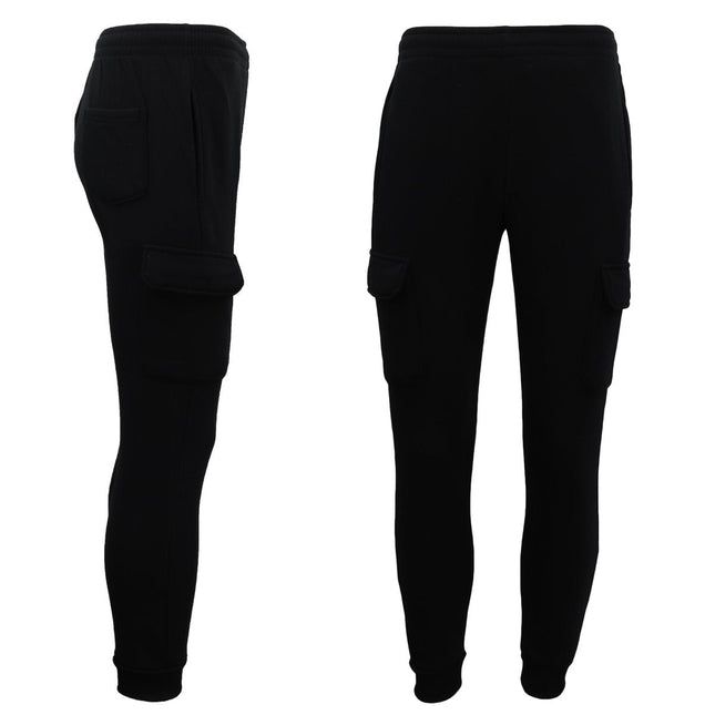 Men's Cargo Fleece Track Pants 5 Pockets Casual Trackies Trousers w Elastic Hem - Black