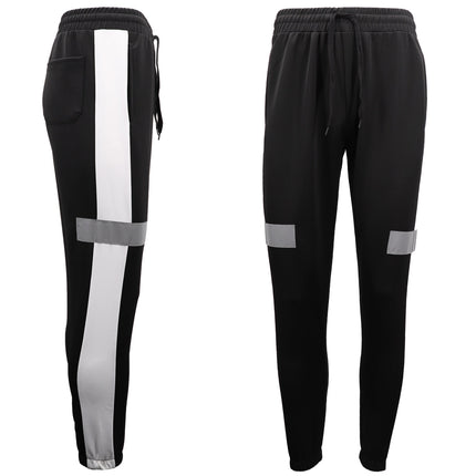 Men's Casual Sports Track Pants w Reflective Tape Striped Jogging Sweat Trousers - Black