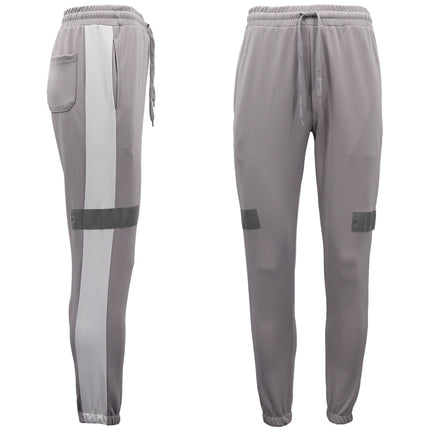 Men's Casual Sports Track Pants w Reflective Tape Striped Jogging Sweat Trousers - Light Grey