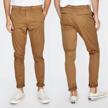 Men's Cotton Chino Stretch Slim Fit Pants Skinny Casual Buniness Skinny Trousers - Khaki