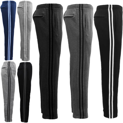 Men's Fleece Casual Sports Track Pants w Zip Pocket Striped Sweat Trousers S-6XL - Black